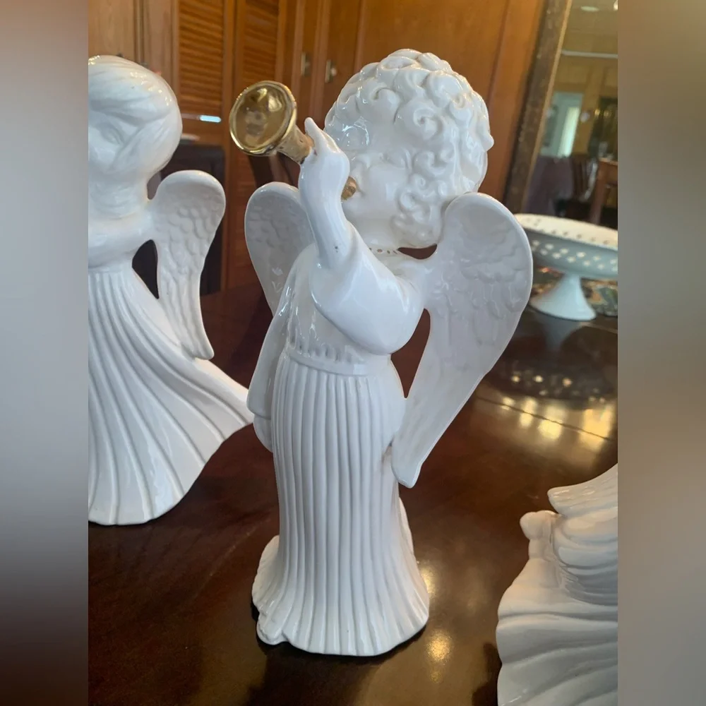 3 ATLANTIC MOLD 12 INCH TALL CERAMIC ANGELS PLAYING CHRISTMAS HYMNS PREOWNED